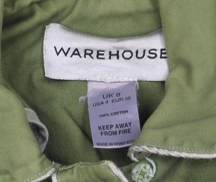 Warehouse Women’s Green Cotton Belted Button Jacket Size 8