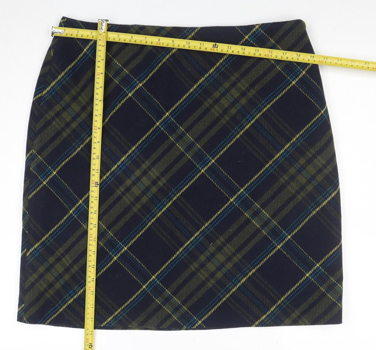 Isle Women Blue Check Wool Blend Knee Length Pencil Skirt Size 18