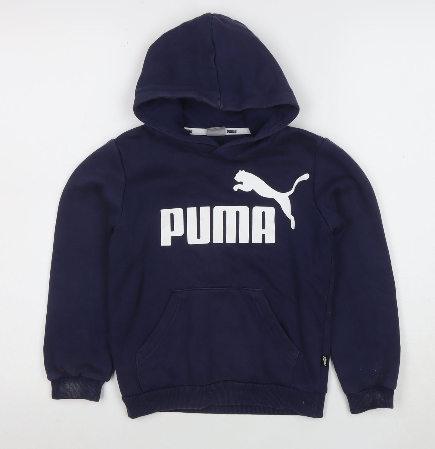 Puma Boys Navy Blue Pullover Hoodie 7-8 Years Logo Print Cotton Blend