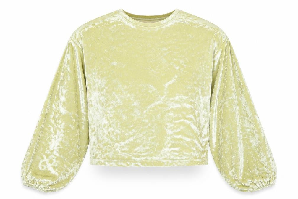 Bershka Women's Yellow Velvet Cropped Long Sleeve Blouse Size M