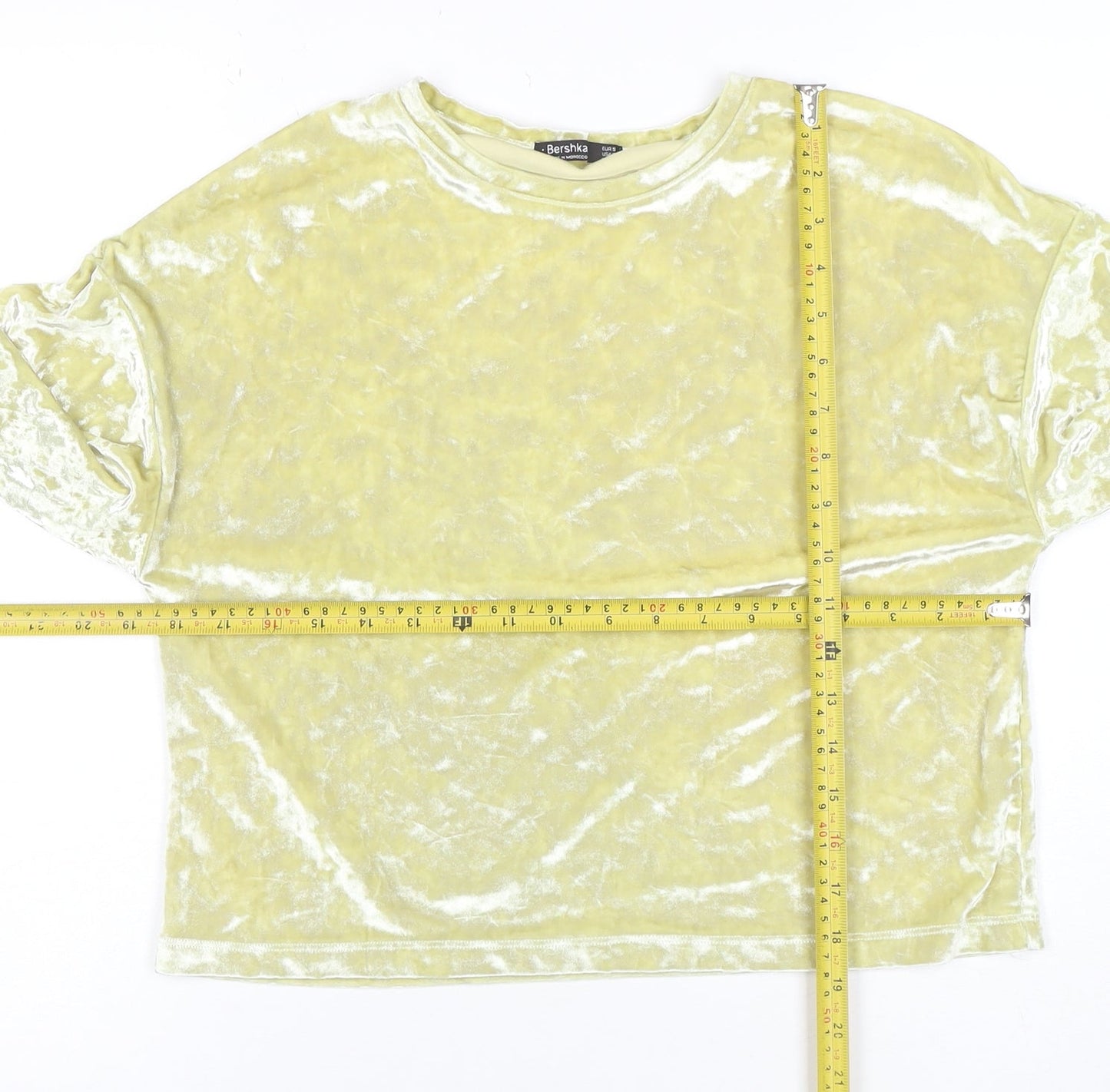 Bershka Women's Yellow Velvet Cropped Long Sleeve Blouse Size M