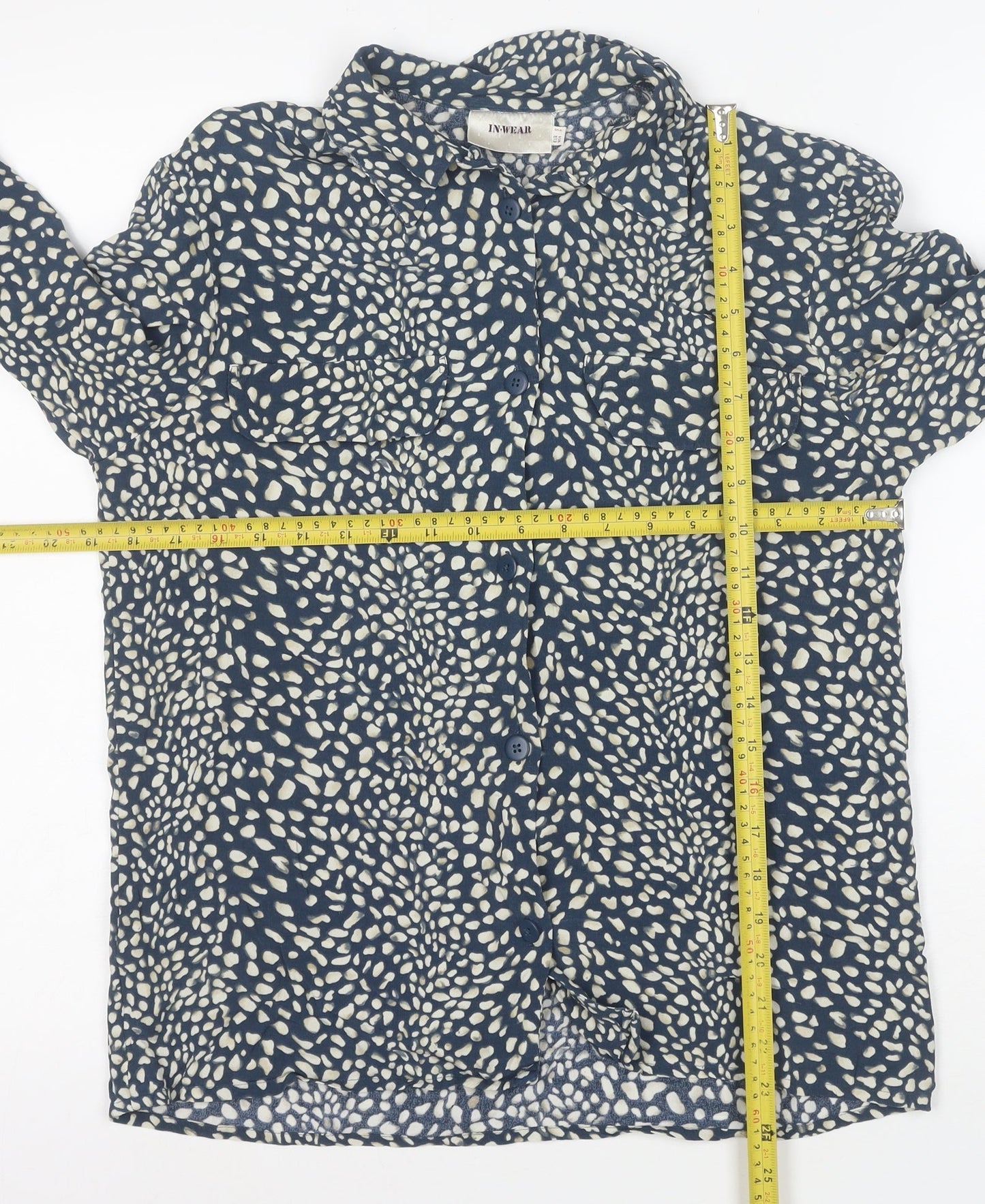 InWear Women's Blue Animal Print Long Sleeve Button-Up Blouse Size S