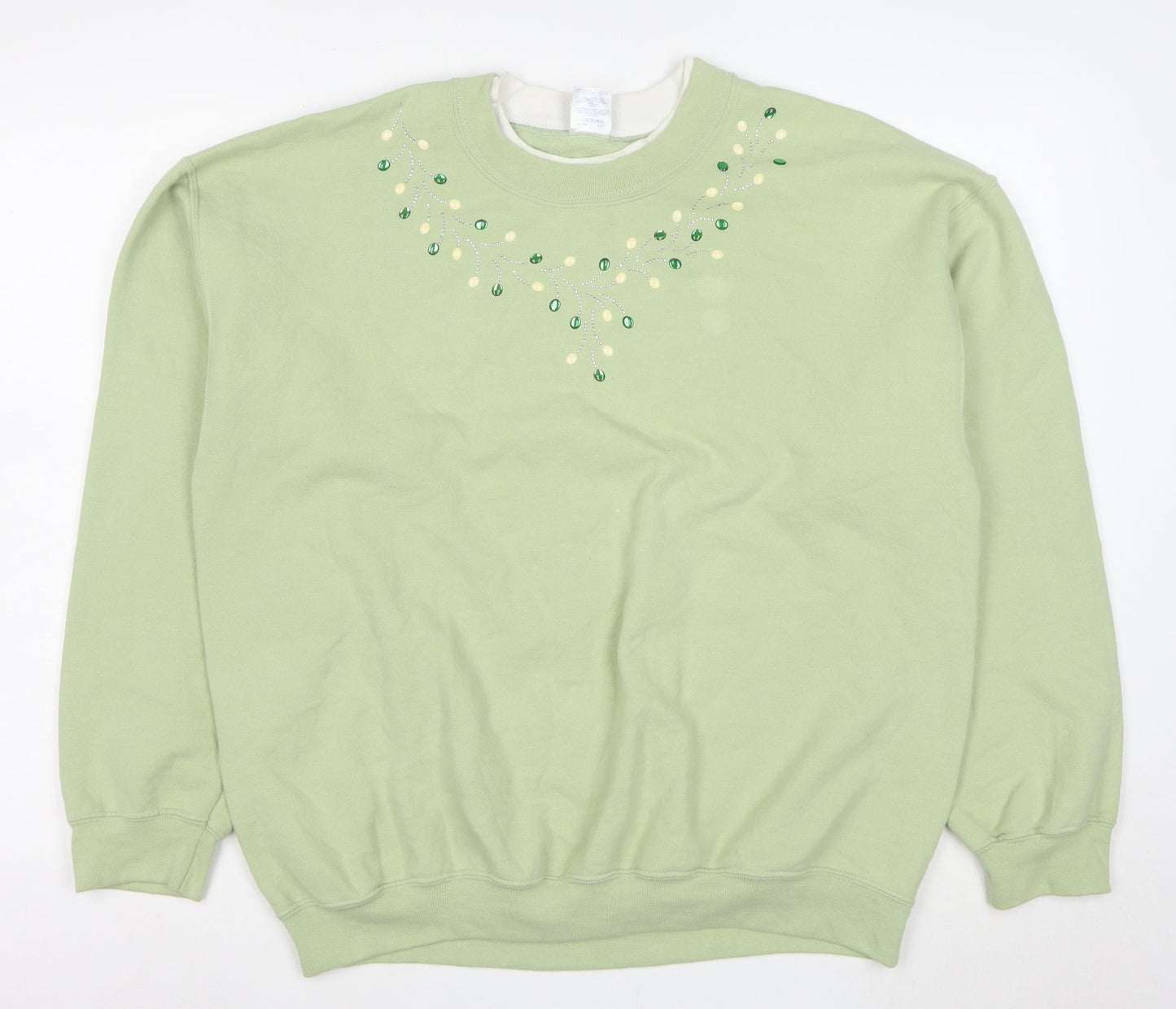 Gildan Women Green Beaded Pullover Sweatshirt L Cotton Blend