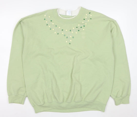 Gildan Women Green Beaded Pullover Sweatshirt L Cotton Blend