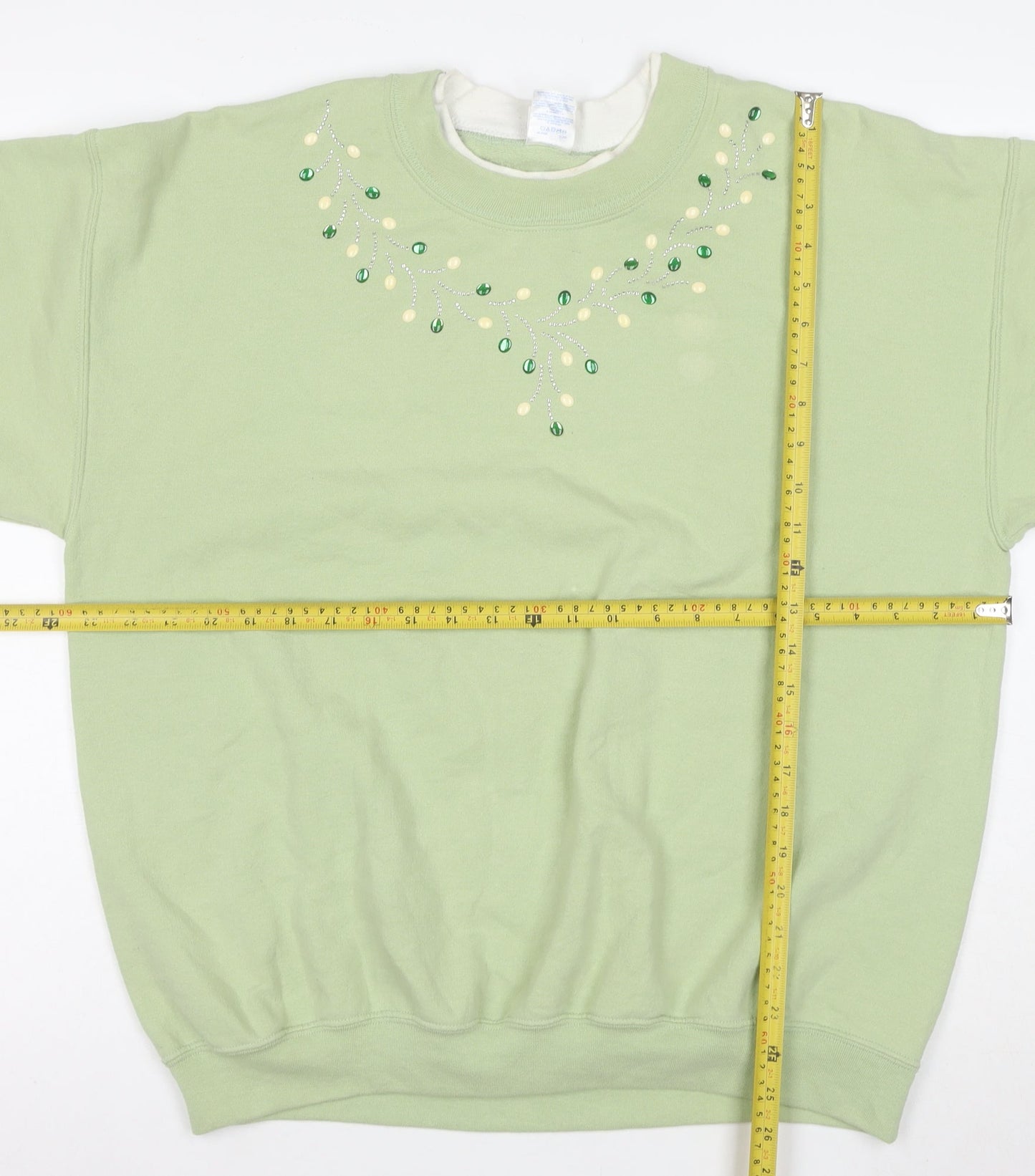 Gildan Women Green Beaded Pullover Sweatshirt L Cotton Blend