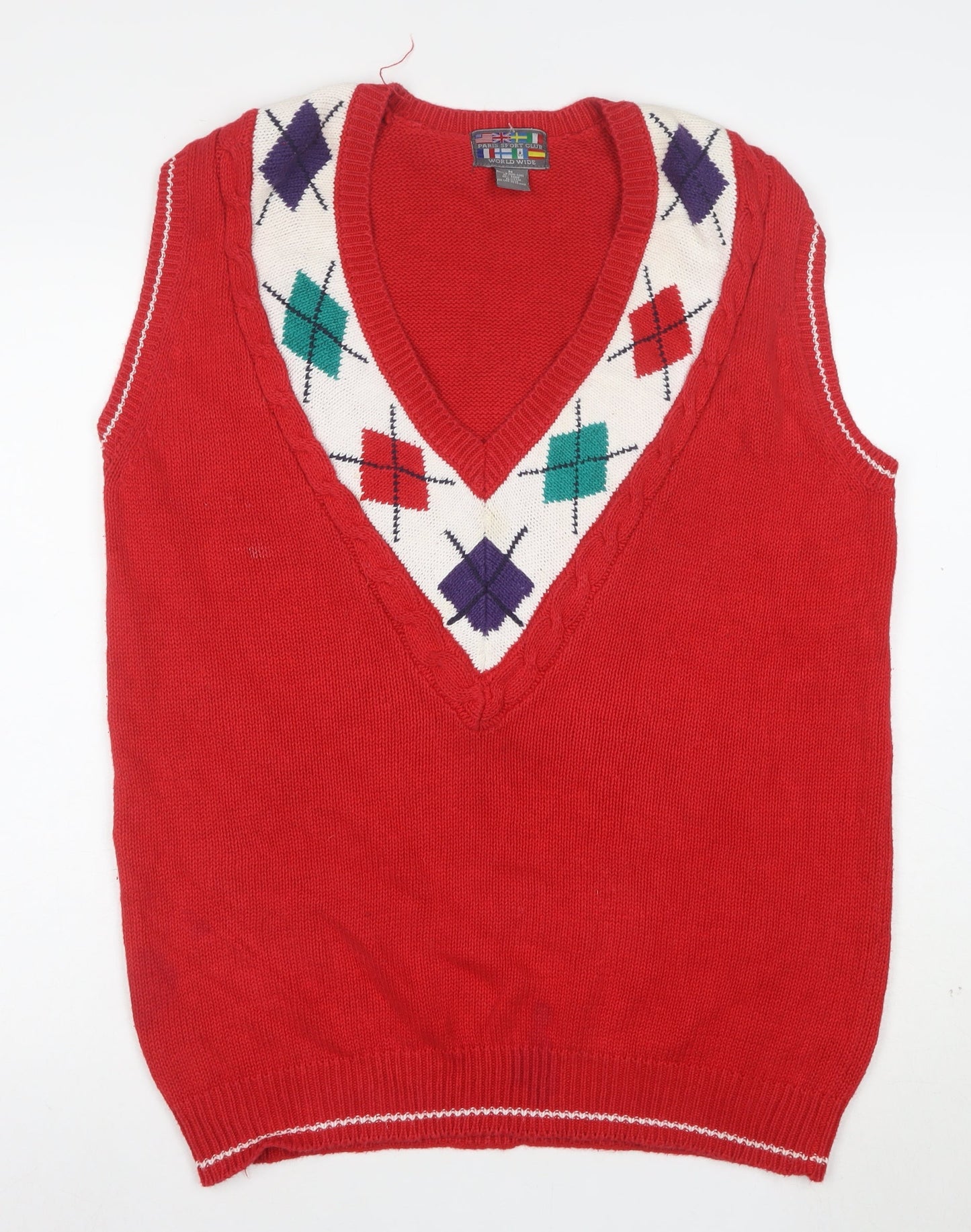 Paris Sport Club Women's Red Argyle Knit V-Neck Sleeveless Vest M
