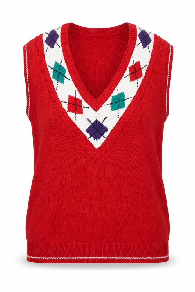 Paris Sport Club Women's Red Argyle Knit V-Neck Sleeveless Vest M
