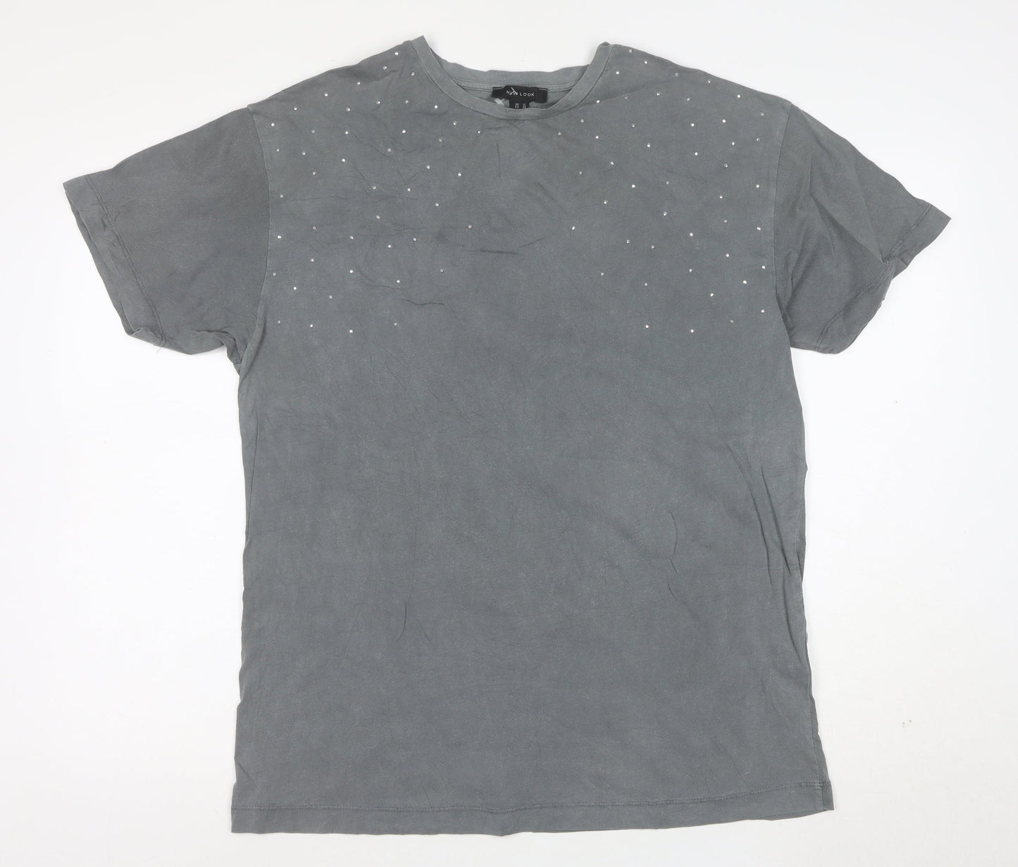 New Look Women's Grey Studded Cotton T-Shirt UK 12 Short Sleeve