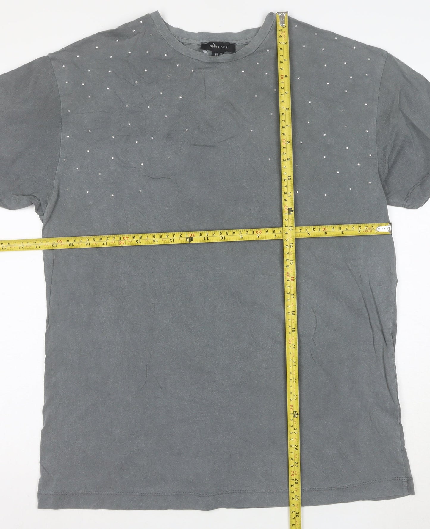 New Look Women's Grey Studded Cotton T-Shirt UK 12 Short Sleeve