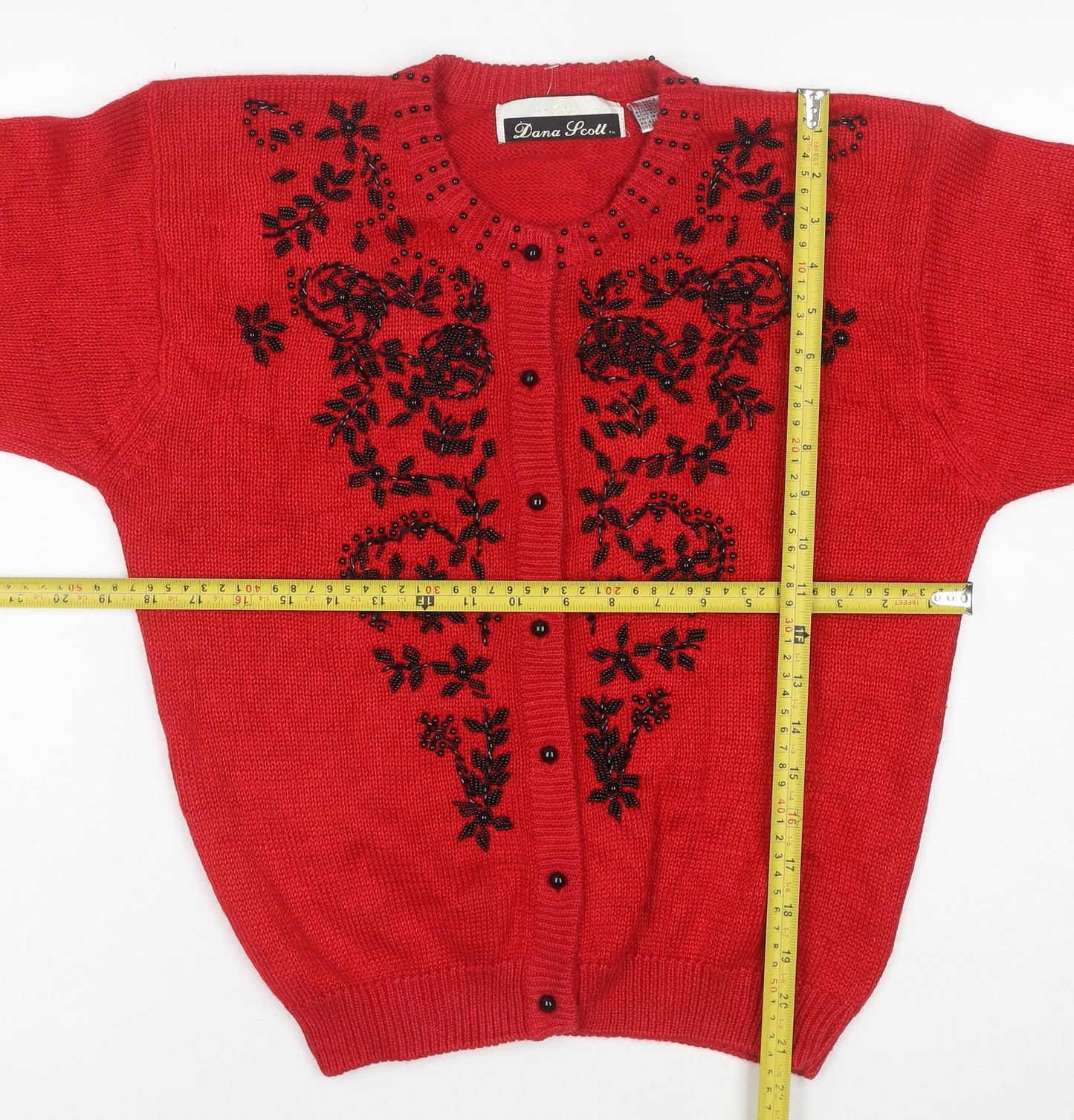 Dana Scott Women Red Beaded Floral Knit Cardigan Jumper Size S