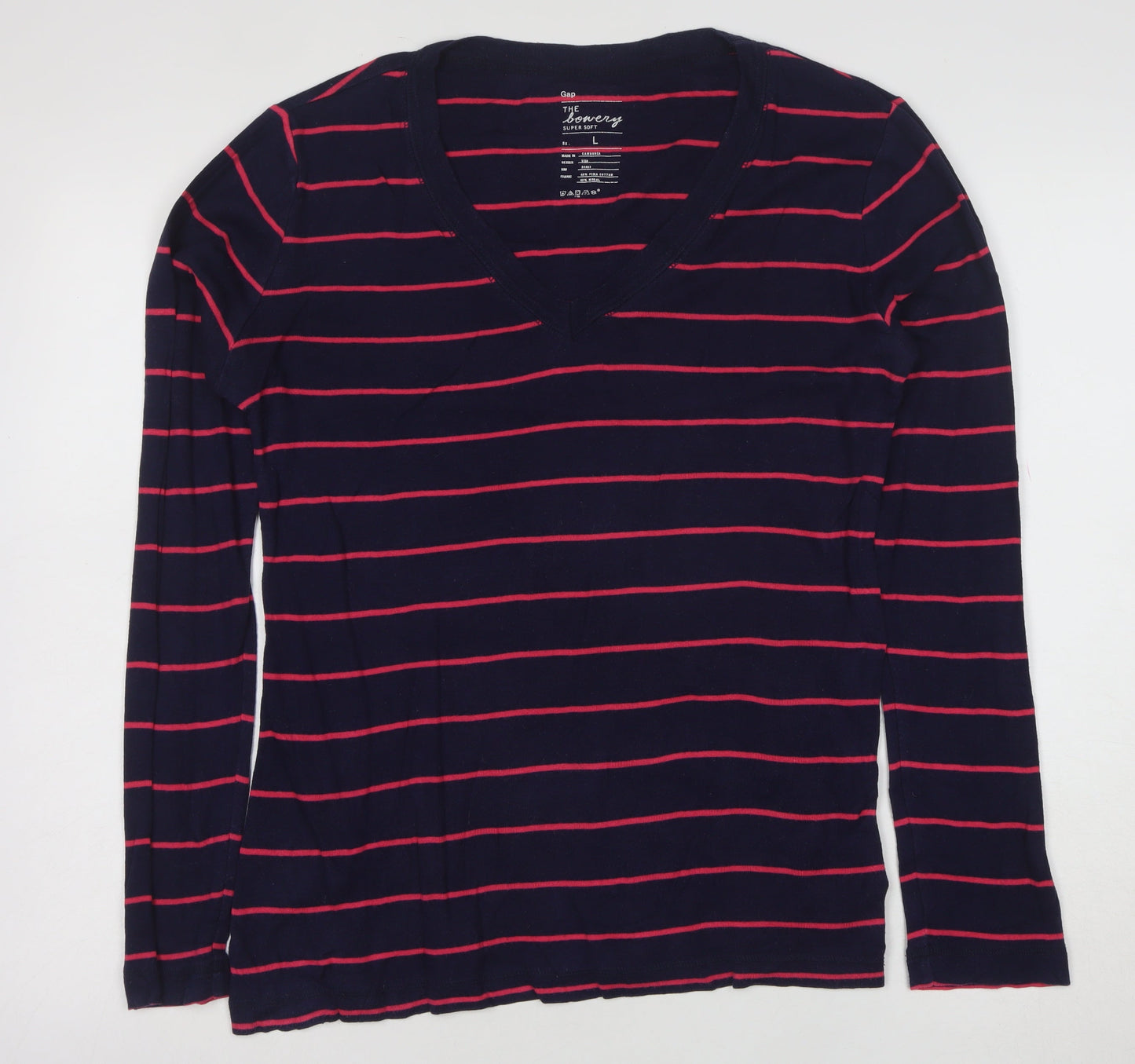 Gap Women’s Blue Striped V-Neck Long Sleeve Cotton Modal T-Shirt Size L