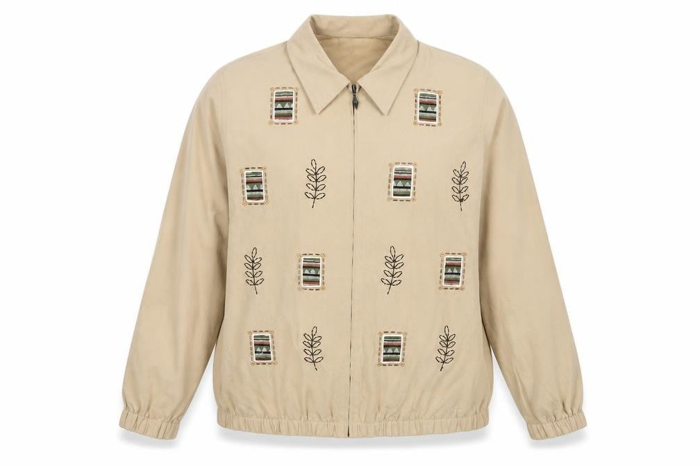 Alfred Dunner Womens Beige Embroidered Zip Jacket Size 12
