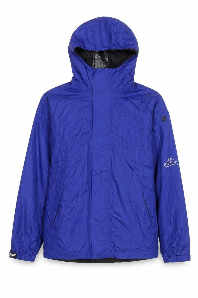 Front view of Pacific Trail boys’ blue waterproof hooded rain coat jacket, size L