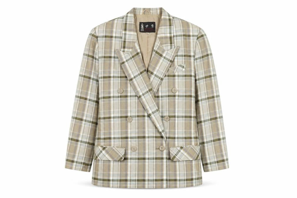 Miaoying Men's Beige Check Blazer M Regular Fit Business Jacket