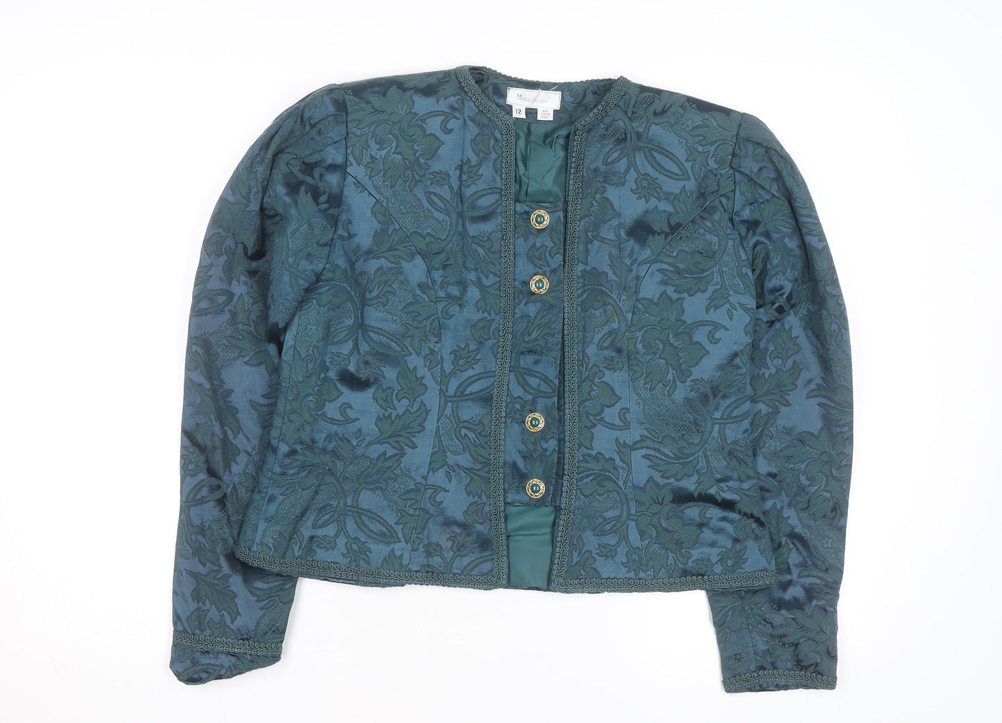 Marilyn Gershuni Women's Green Jacquard Silk Blend Blazer Jacket Size 12