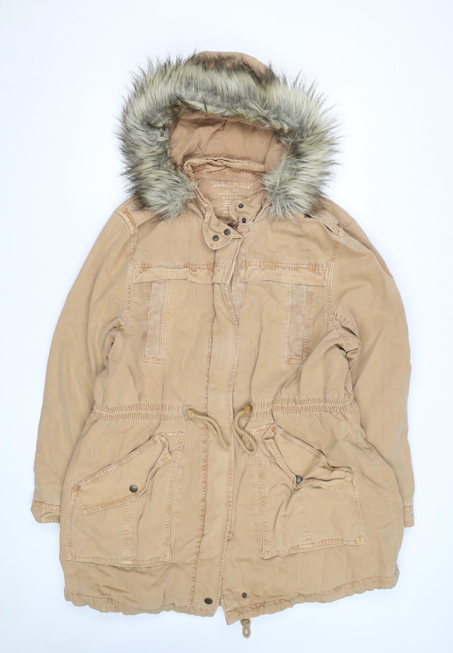 American Eagle Men's Beige 2XL Parka Coat Hooded Faux Fur Trim Winter Jacket