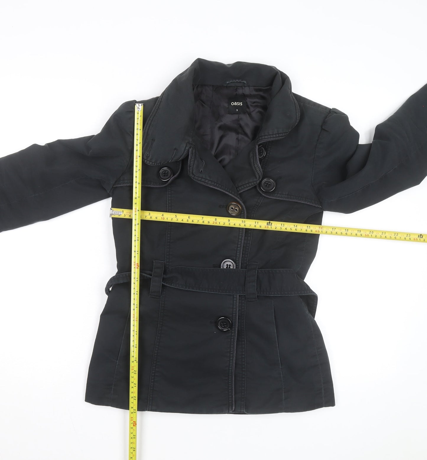 Oasis Women's Black Trench Coat Size S Belted Mid-Length Classic