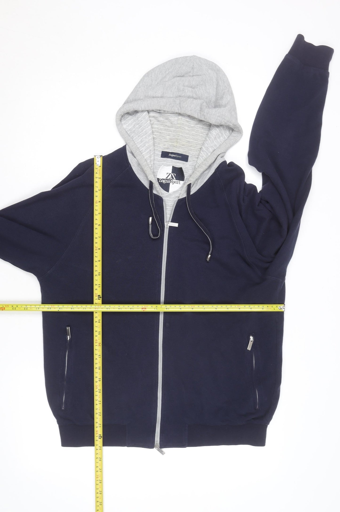 Zegna Sport Mens Blue Full Zip Hoodie with Grey Hood Size L