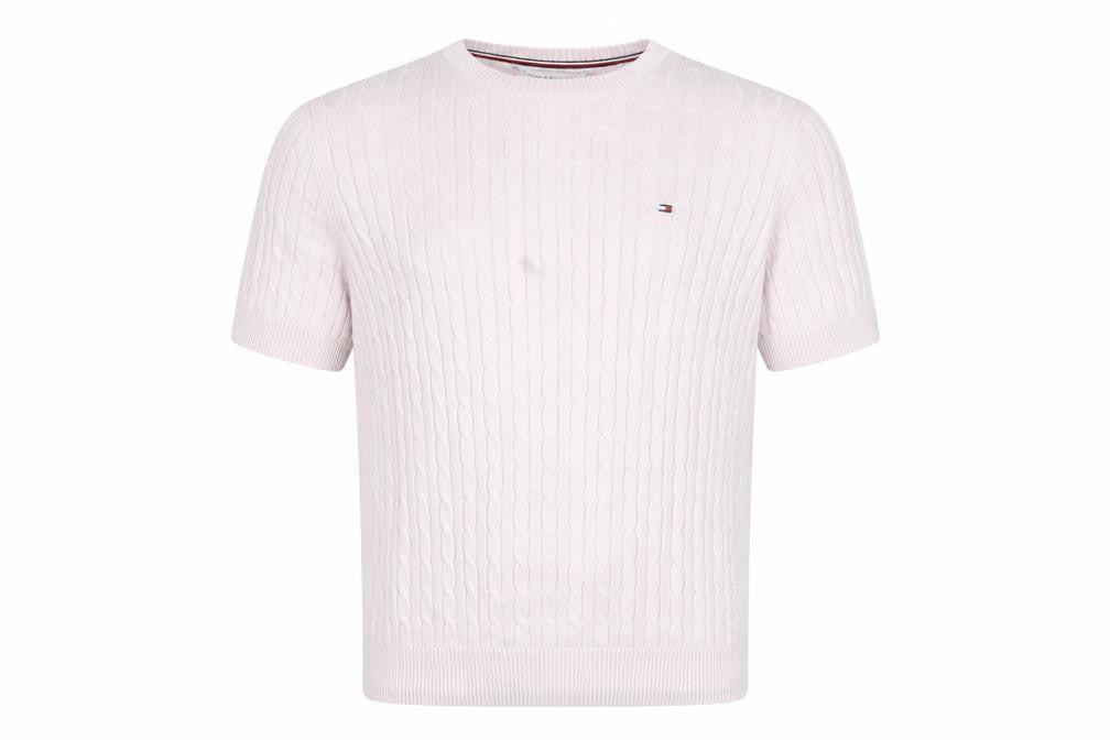 Tommy Hilfiger Men's Pink Cable Knit Cotton Short Sleeve Jumper M