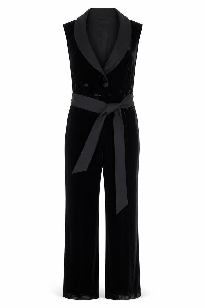 Next Women’s Black Velvet Belted Sleeveless Jumpsuit Size 14