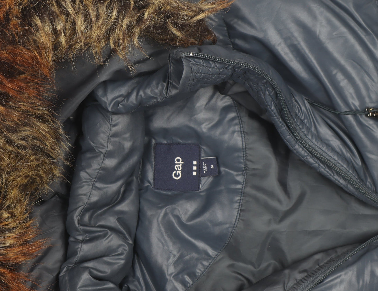 Gap Men's Blue Hooded Puffer Gilet M Faux Fur Trim Winter Waistcoat