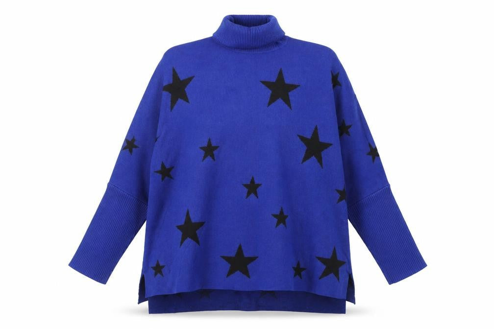 Colour Eighteen Women Blue Star Roll Neck Long Sleeve Relaxed Jumper M