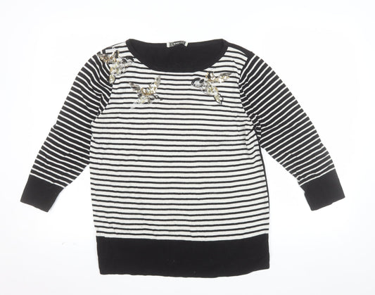 Oasis Women’s Black Striped Bird Jumper L Embroidered Sequin Knit