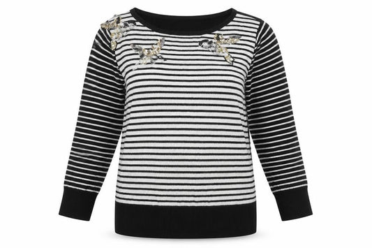Oasis Women’s Black Striped Bird Jumper L Embroidered Sequin Knit