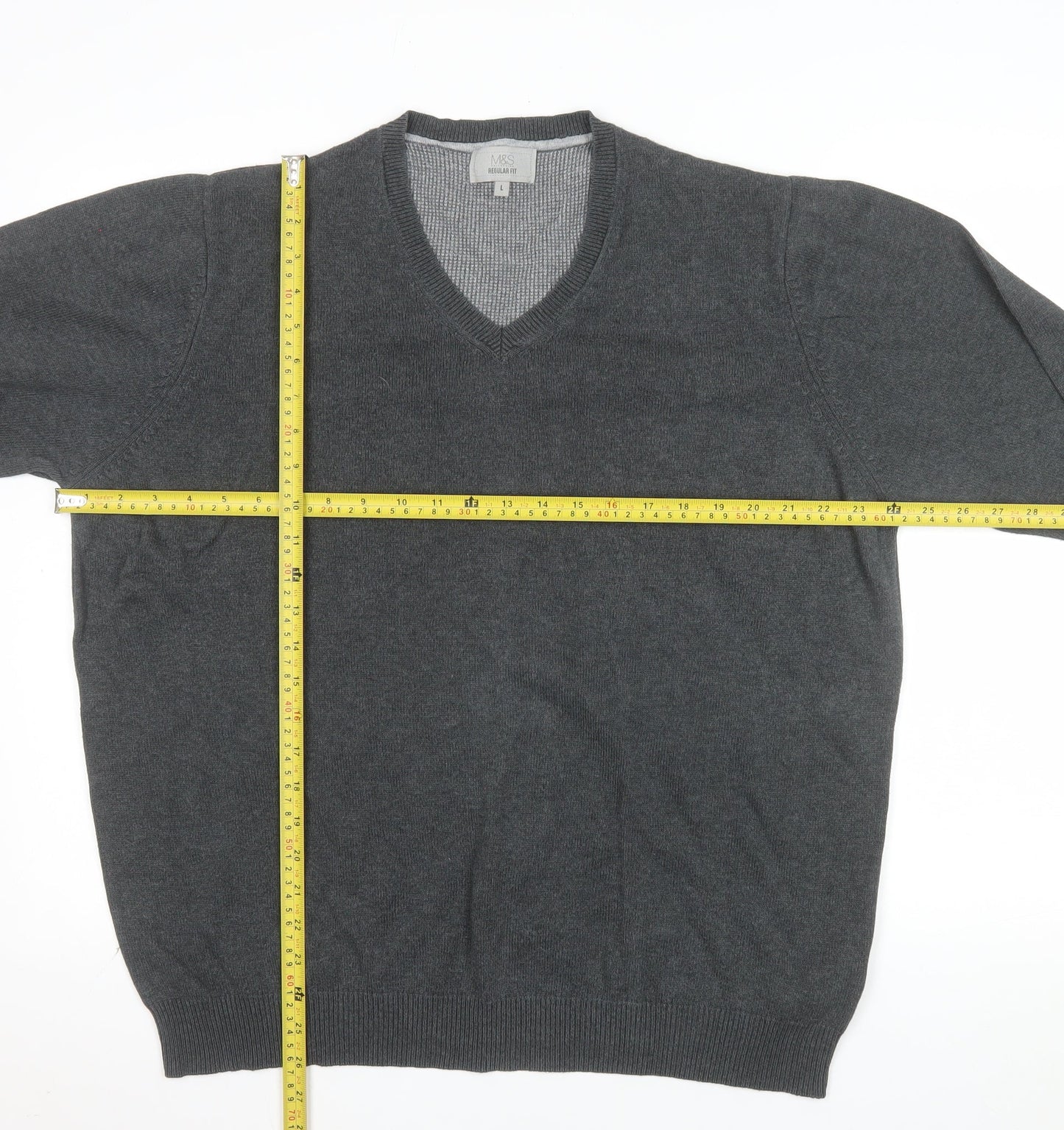 Marks and Spencer Men's Grey Cotton V-Neck Jumper L Regular Fit