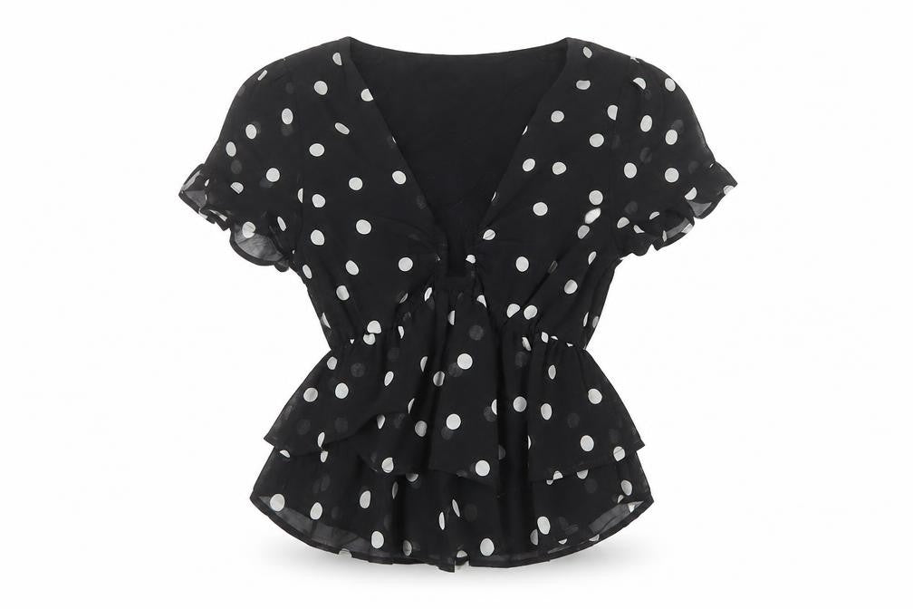 Pimkie Women’s Black Polka Dot Chiffon Tunic Blouse XS
