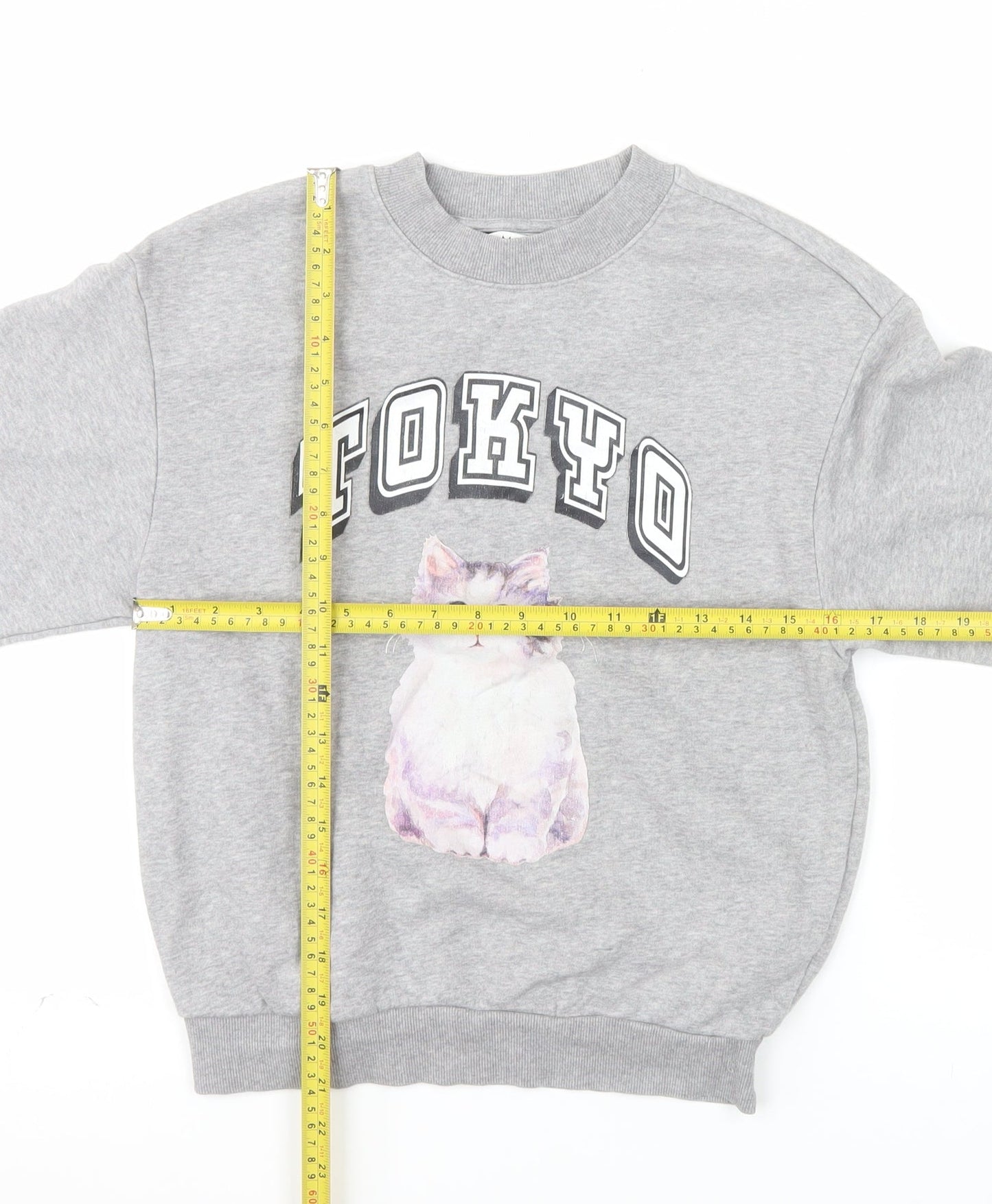 Monki Women Grey TOKYO Cat Print Pullover Sweatshirt XXS