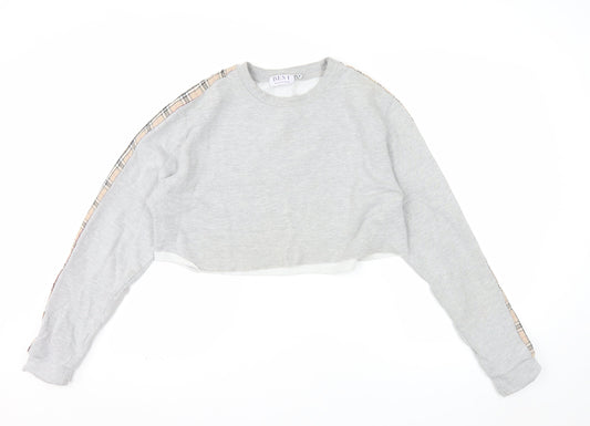 BEST Women Grey Checked Sleeve Cropped Pullover Sweatshirt M