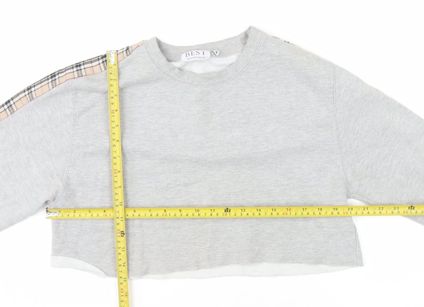 BEST Women Grey Checked Sleeve Cropped Pullover Sweatshirt M