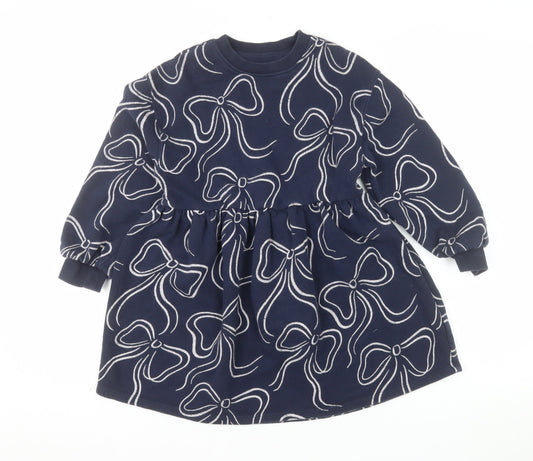 Marks and Spencer Girls Blue Bow Print Long Sleeve Jersey Dress 7-8 Years