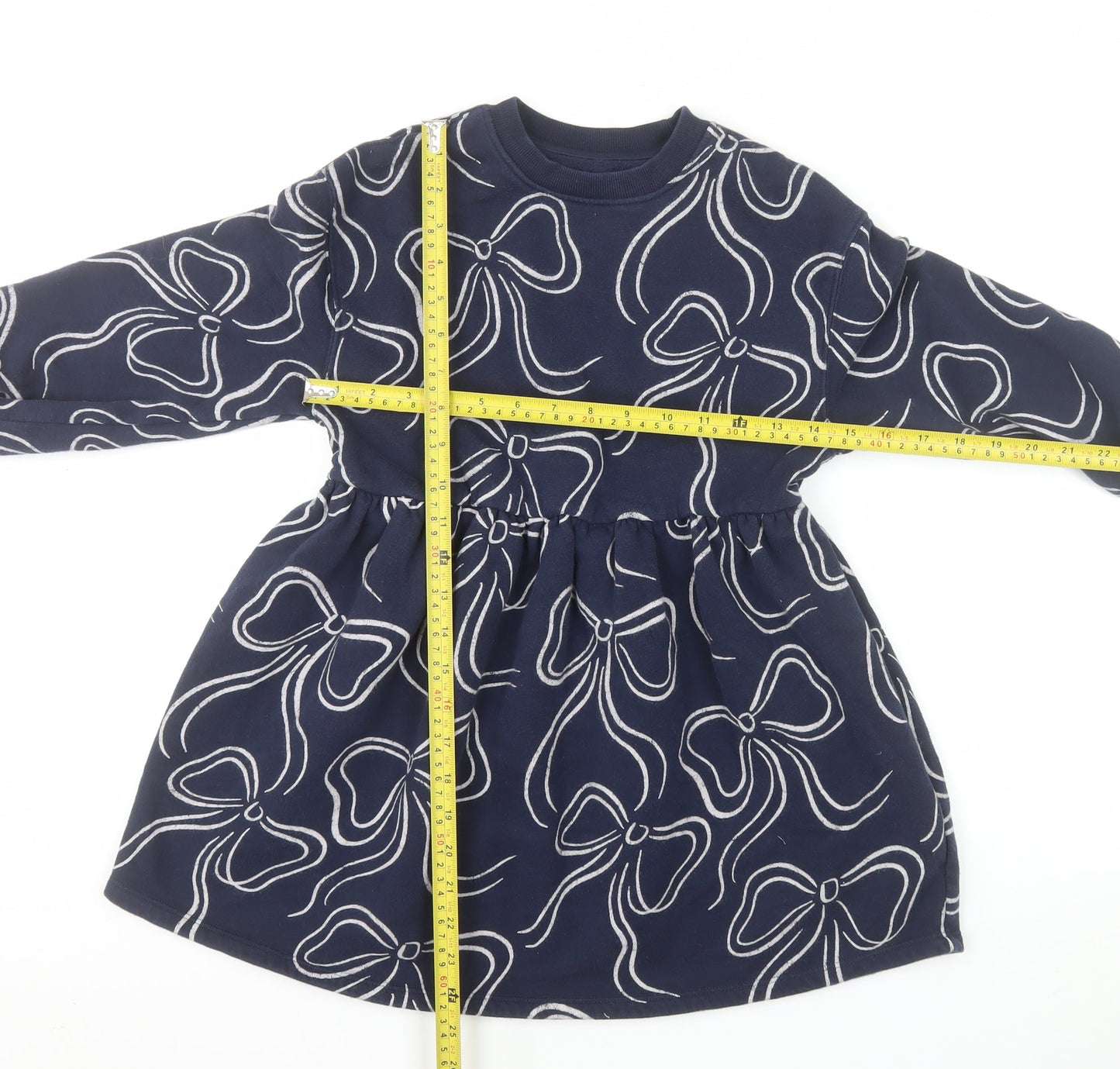 Marks and Spencer Girls Blue Bow Print Long Sleeve Jersey Dress 7-8 Years