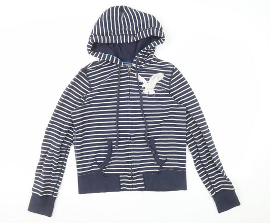 American Eagle Outfitters Women Navy Blue Striped Full Zip Hoodie Size M