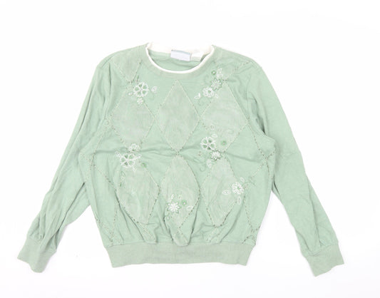 Alfred Dunner Petite Green Embroidered Argyle Long Sleeve Sweatshirt PM