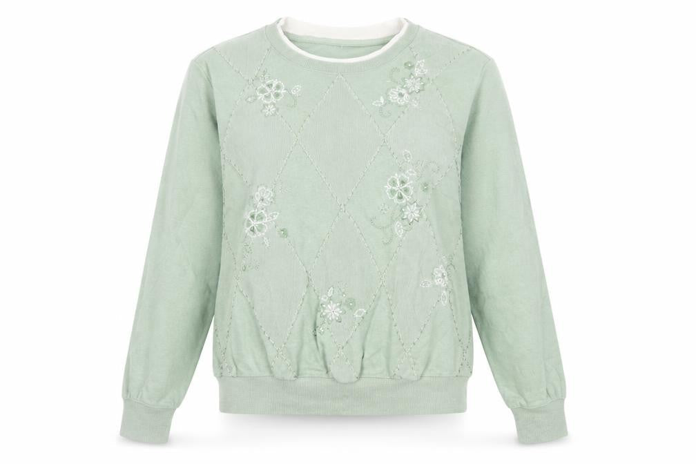 Alfred Dunner Petite Green Embroidered Argyle Long Sleeve Sweatshirt PM