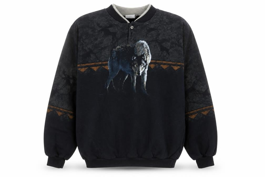 Artisans Sunschein Designs Men’s Black Wolf Graphic Henley Sweatshirt XL
