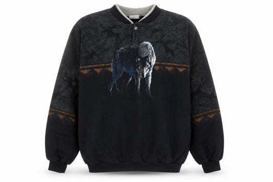 Artisans Sunschein Designs Men’s Black Wolf Graphic Henley Sweatshirt XL