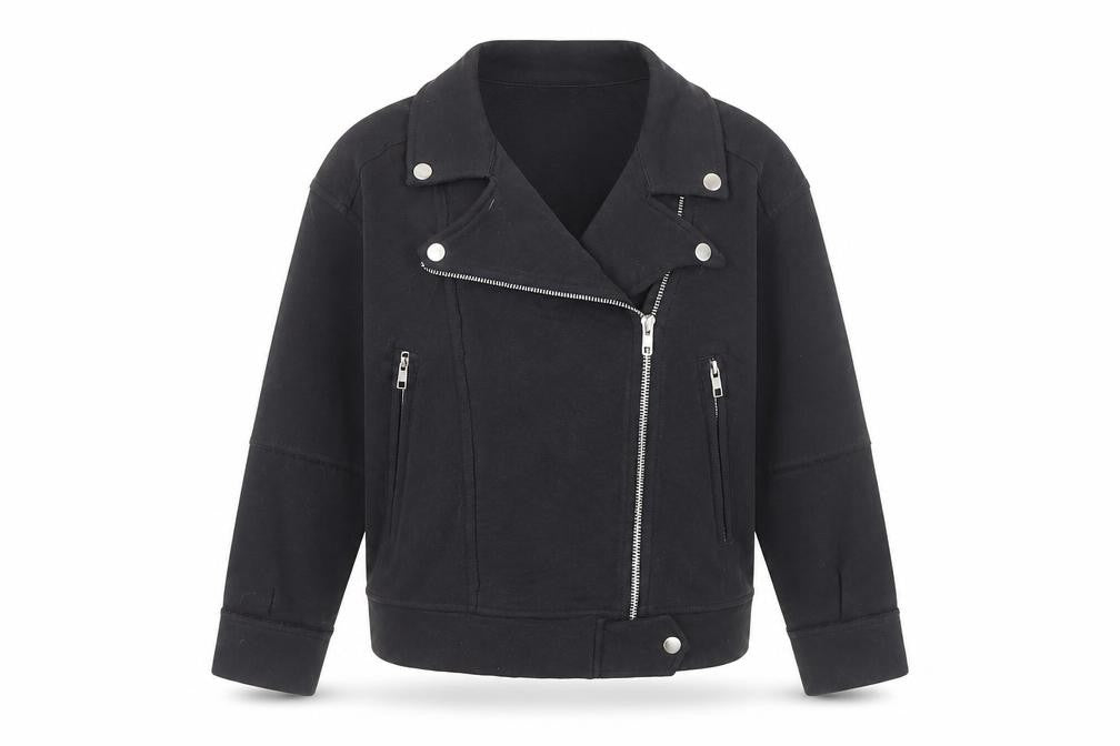 Front view of Next girls’ black biker jacket 9 years cotton blend zip pockets