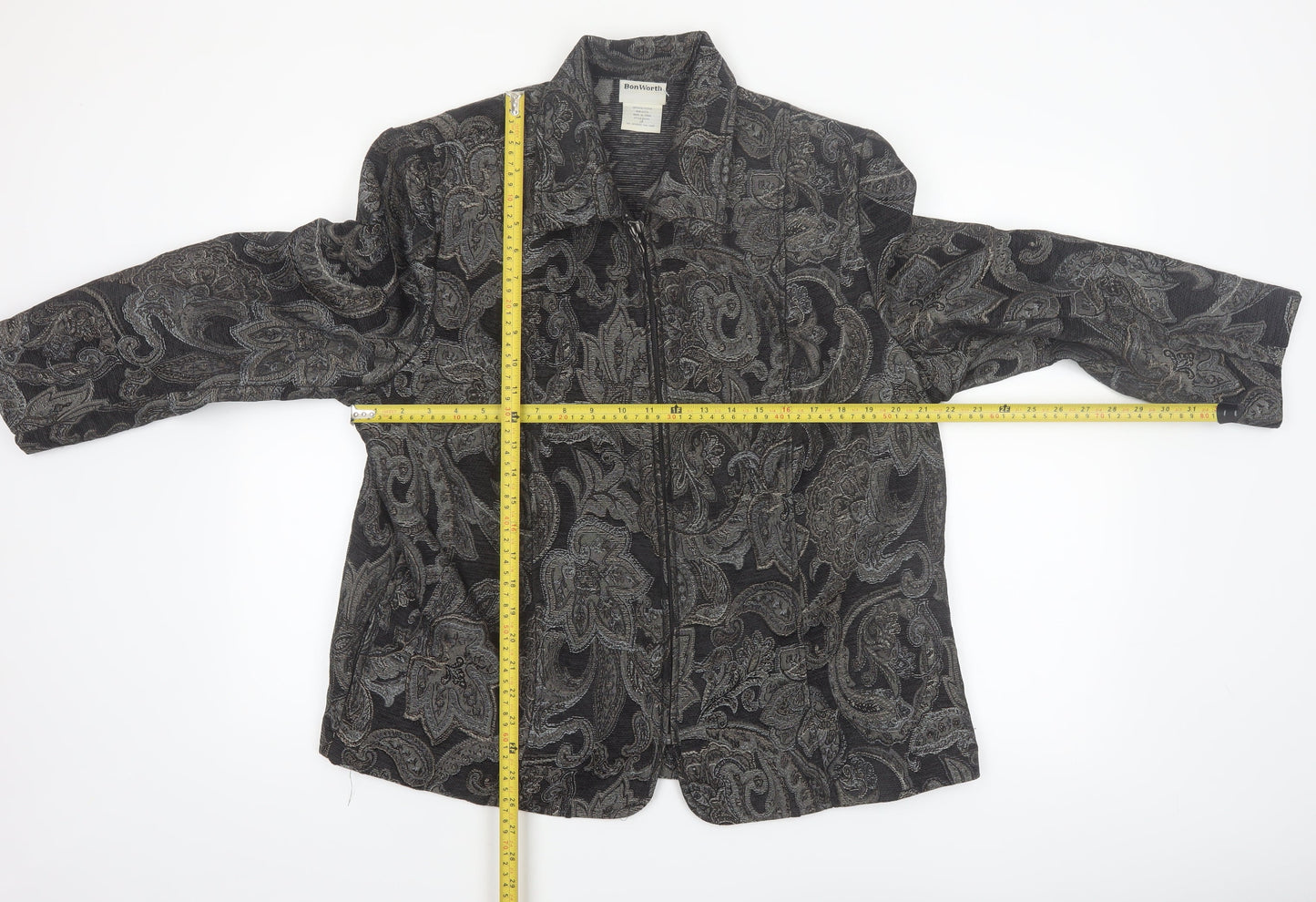 BonWorth Women’s Grey Paisley Zip Jacket L Classic Mid-Length