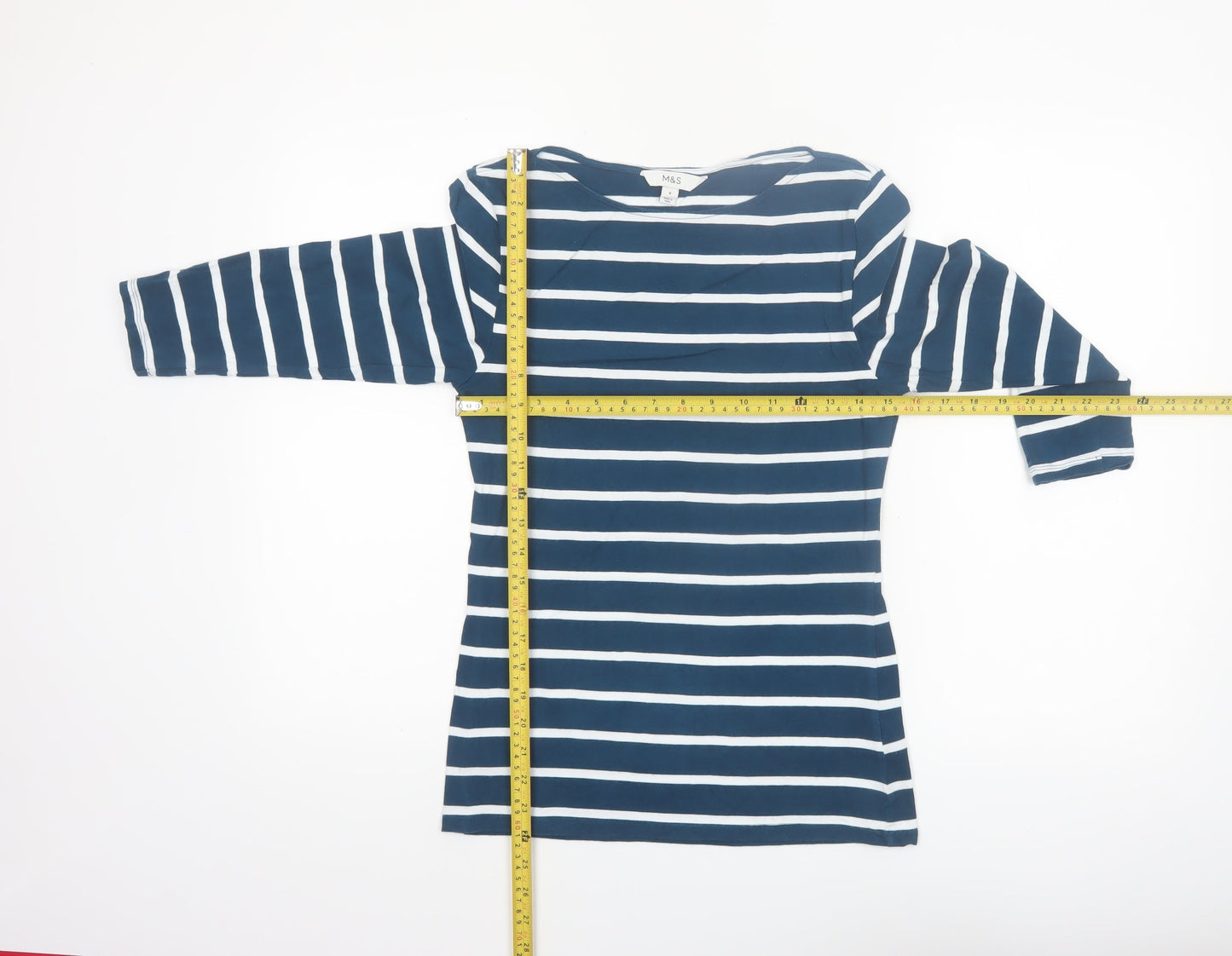 Marks and Spencer Women's Blue Striped Long Sleeve Boat Neck Top Size 8