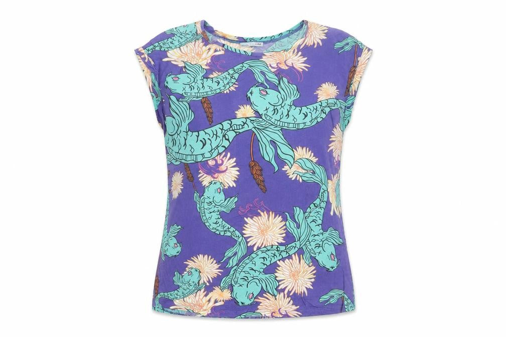 Zara Women Blue Fish Print Sleeveless Cotton T-Shirt Size 8