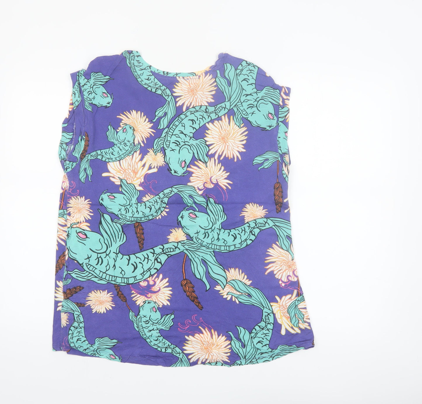 Zara Women Blue Fish Print Sleeveless Cotton T-Shirt Size 8