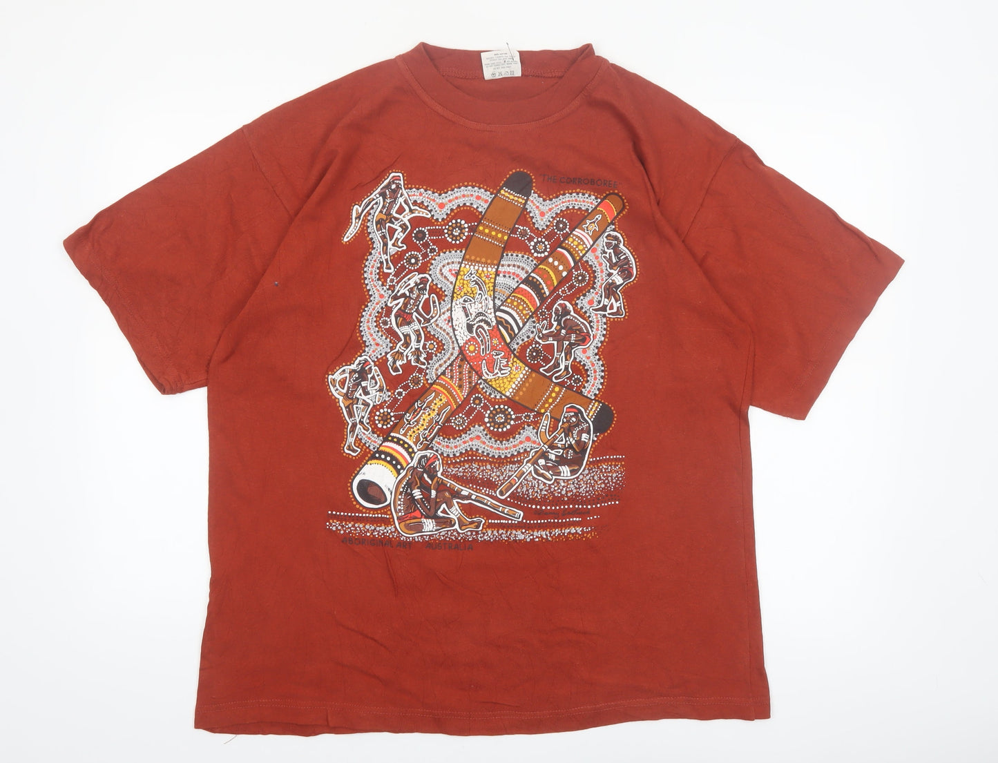 Authentic Aboriginal Art Men's Rust Cotton Graphic T-Shirt Size L