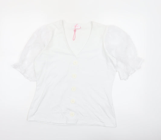 Savida Women White V-Neck Puff Sleeve Button Blouse Size 12