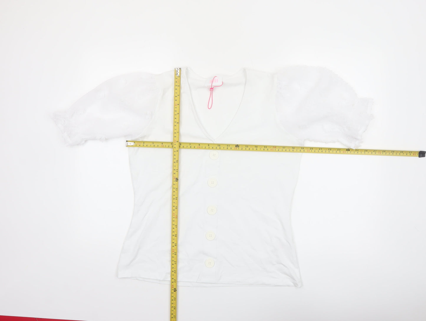 Savida Women White V-Neck Puff Sleeve Button Blouse Size 12