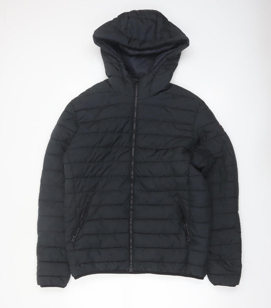 Jack & Jones Men's Black L Puffer Jacket Hooded Full Zip Polyester