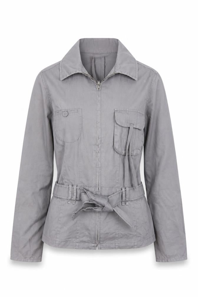 Autre Ton Womens Grey Cotton Utility Jacket Size 8 Belted Zip Up